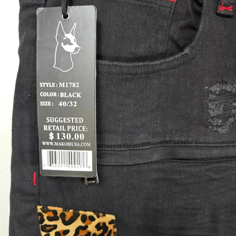 Makobi Big & Tall Ripped Repair Jeans With Leopard Print Patch Black 40/32 NWT